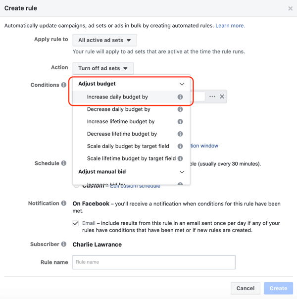 फेसबुक स्वचालित नियमों का उपयोग करें, बजट बढ़ाएं जब ROAS 2, चरण 1, सेट कार्रवाई से अधिक हो