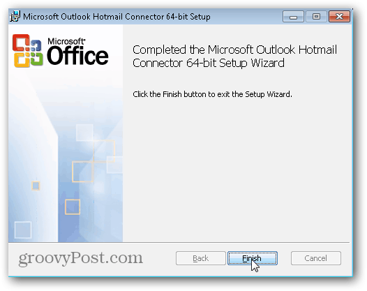Outlook.com आउटलुक हॉटमेल कनेक्टर - समाप्त पर क्लिक करें