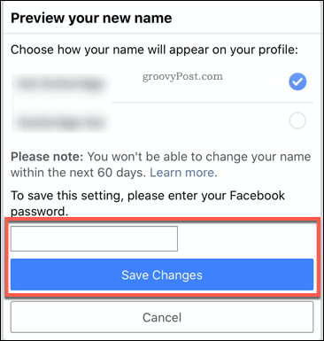मोबाइल ऐप में फेसबुक नाम परिवर्तन की पुष्टि करना