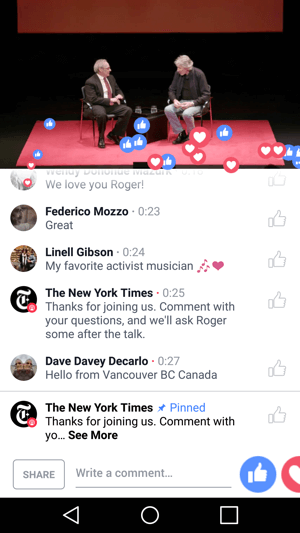 न्यूयॉर्क टाइम्स दर्शकों को फेसबुक लाइव प्रसारण के माध्यम से एक कार्यक्रम में भाग लेने का अनुभव देता है।