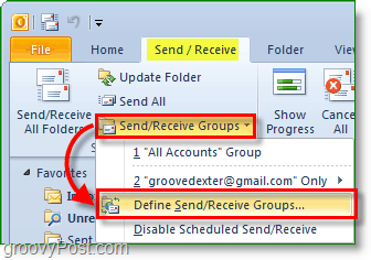 आउटलुक 2010 स्क्रीनशॉट - समूह भेजें और प्राप्त करें - समूहों को परिभाषित करें