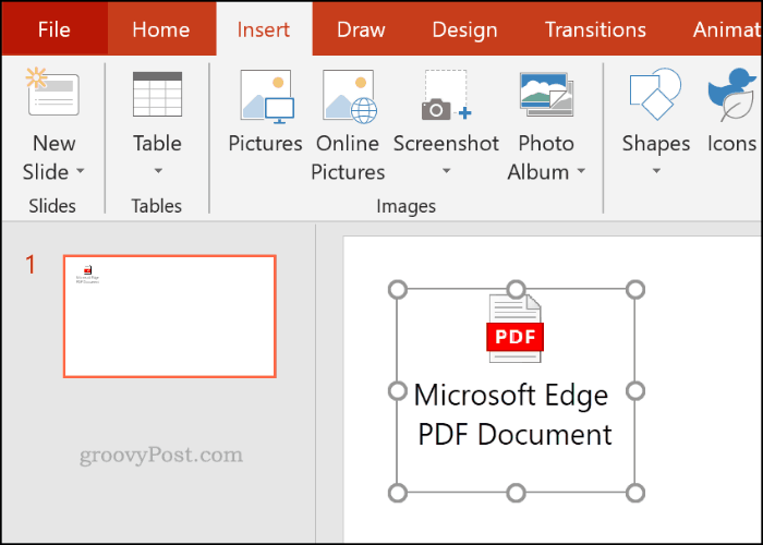 PowerPoint में ऑब्जेक्ट के रूप में एक सम्मिलित PDF फ़ाइल