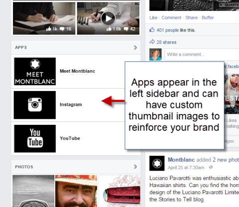 फेसबुक पेज के बाएं साइडबार पर सामाजिक ऐप