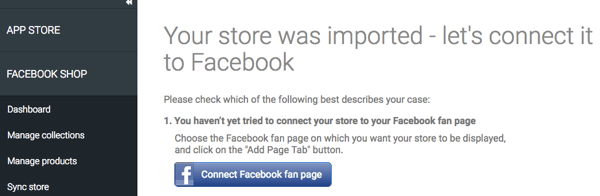 आपके स्टोर को StoreYa ऐप के माध्यम से आयात किए जाने के बाद, सुनिश्चित करें कि यह फेसबुक से जुड़ा है।