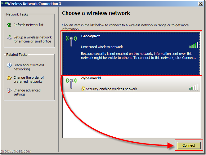 वायरलेस नेटवर्क स्क्रीनशॉट चुनने के लिए Windows XP मेनू:: groovyPost.com