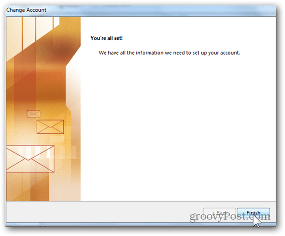 मेलबॉक्स Outlook 2013 जोड़ें - समाप्त पर क्लिक करें