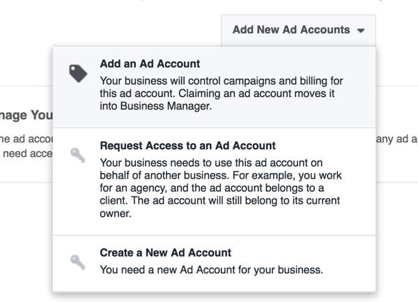 व्यवसाय प्रबंधक में एक नया विज्ञापन खाता बनाने के विकल्प का चयन करें।