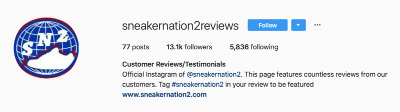 SneakerNation2 समीक्षाओं के लिए द्वितीयक इंस्टाग्राम अकाउंट