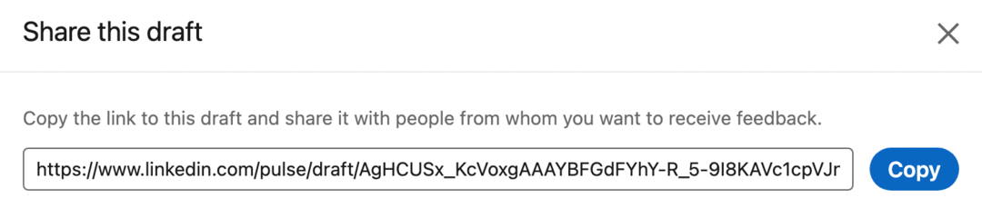 लिंक्डइन पर शेयर दिस ड्राफ्ट डायलॉग बॉक्स की छवि