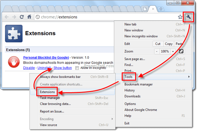 Google Chrome एक्सटेंशन का प्रबंधन लाल बटन देता है