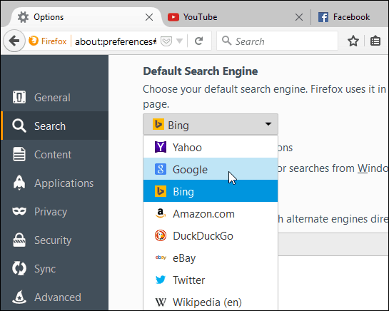 खोज इंजन फ़ायरफ़ॉक्स सेट करें
