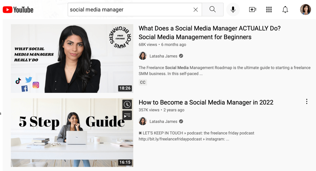 " सोशल मीडिया मैनेजर" के लिए YouTube खोज परिणामों की छवि