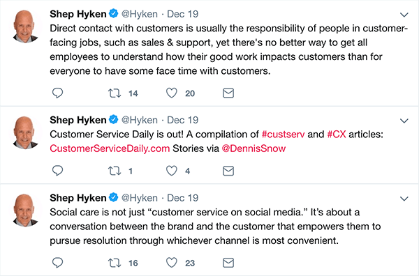 यह ग्राहक सेवा के बारे में किए गए तीन ट्वीट शेप ह्यकेन का स्क्रीनशॉट है।