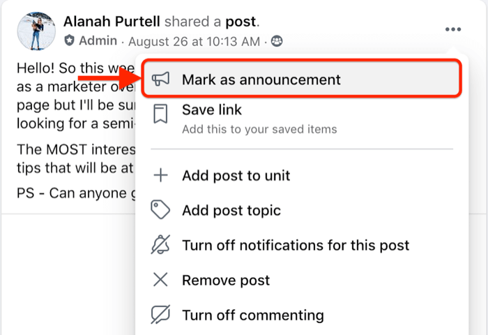एक घोषणा के रूप में एक विशिष्ट पोस्ट को चिह्नित करने के लिए फेसबुक समूह पोस्ट मेनू विकल्प