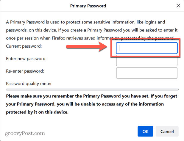 फ़ायरफ़ॉक्स वर्तमान पासवर्ड दर्ज करें