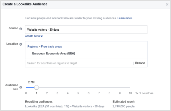 पिछले 30 दिनों में वेबसाइट दर्शकों के कस्टम दर्शकों के आधार पर फेसबुक लुकलाइक ऑडियंस सेट करने के विकल्प चुनें