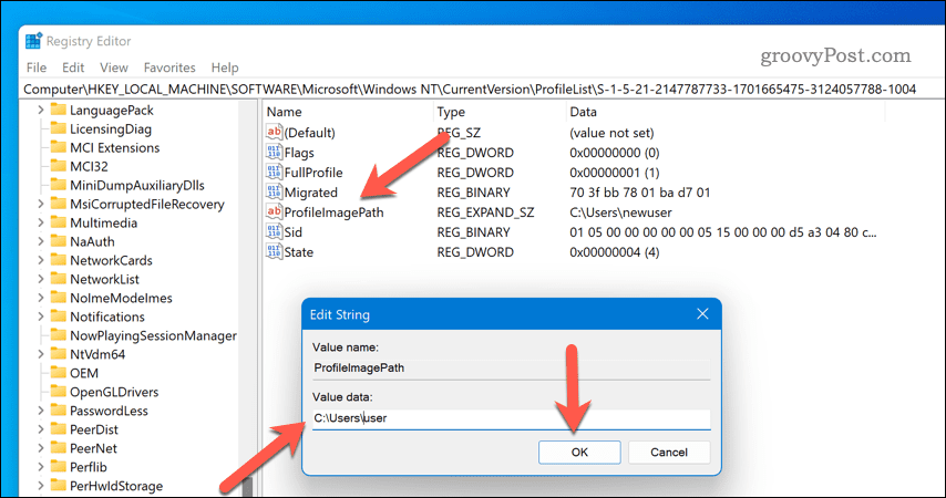 Windows 11 regedit में उपयोगकर्ता प्रोफ़ाइल पथ का नाम बदलें