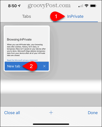 InPrivate टैप करें, फिर iOS के लिए एज में नया टैब टैप करें