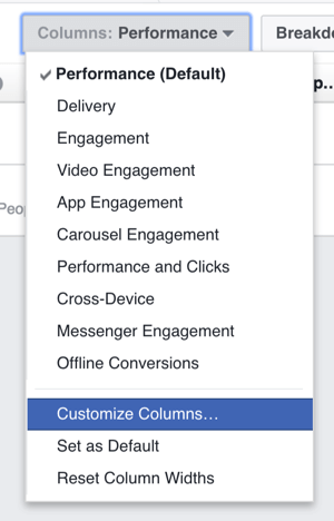 आप अपने फेसबुक विज्ञापन परिणाम तालिका में दिखाए गए कॉलम को कस्टमाइज़ कर सकते हैं।
