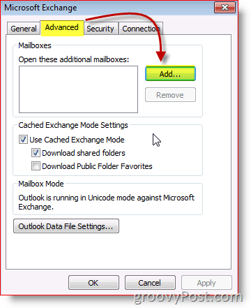 Outlook 2010 स्क्रीनशॉट एक्सचेंज उन्नत टैब मेलबॉक्स जोड़ें