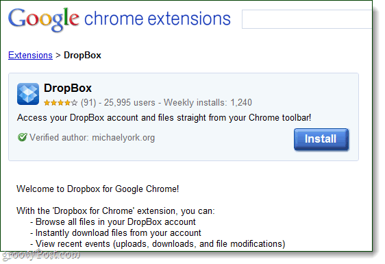 Google Chrome के लिए ड्रॉपबॉक्स एक्सटेंशन फ्लाई फाइल एक्सेस पर पहुंचता है