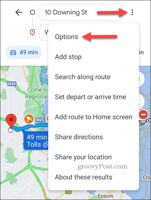 Google मानचित्र दिशानिर्देश विकल्प खोलें