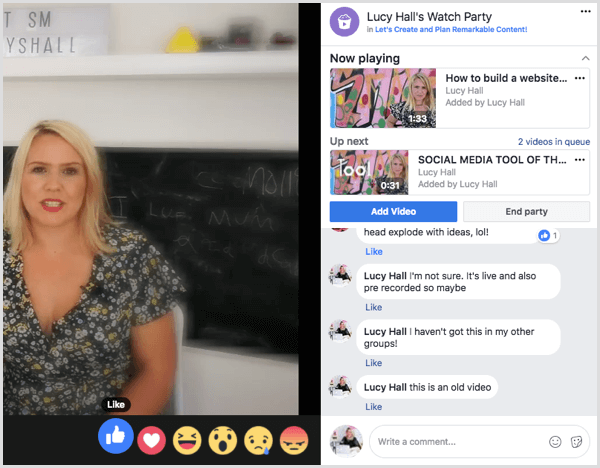 समूह के सदस्य फेसबुक वॉच पार्टी के दौरान वीडियो पर टिप्पणी और प्रतिक्रिया कर सकते हैं।