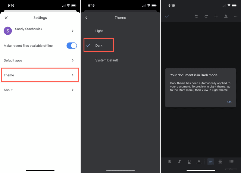 IPhone पर Google डॉक्स में डार्क मोड सक्षम करें