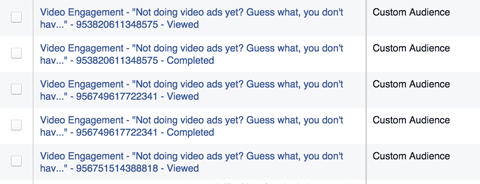 फेसबुक वीडियो विज्ञापन सगाई की सूची