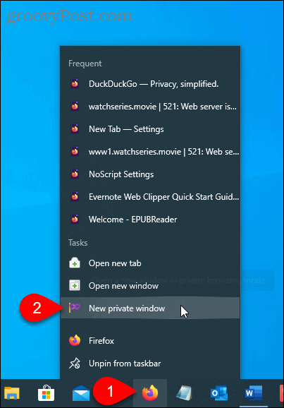 टास्कबार पर फ़ायरफ़ॉक्स पर नई निजी विंडो का चयन करें
