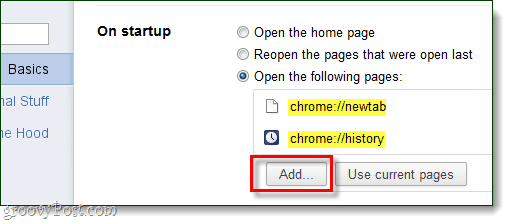 Chrome स्टार्टअप खोलने के लिए पृष्ठ जोड़ें