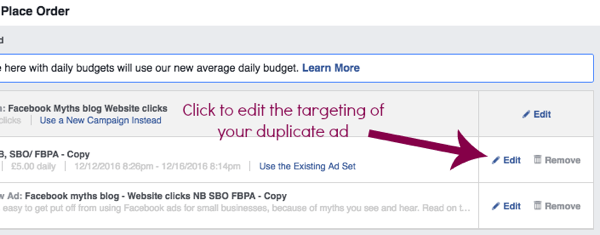 डुप्लिकेट फेसबुक विज्ञापन सेट की सेटिंग्स को संपादित करें।