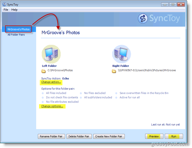 Microsoft SyncToy मुख्य मेनू स्क्रीनशॉट