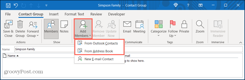 Outlook में एक नए संपर्क समूह में सदस्यों को जोड़ें
