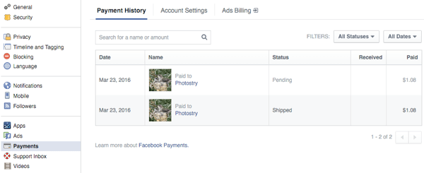 ग्राहक फेसबुक सेटिंग्स के भुगतान अनुभाग में आदेश देखते हैं
