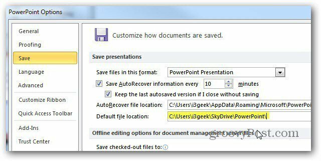 Microsoft Office दस्तावेज़ों को डिफ़ॉल्ट रूप से SkyDrive में सहेजें