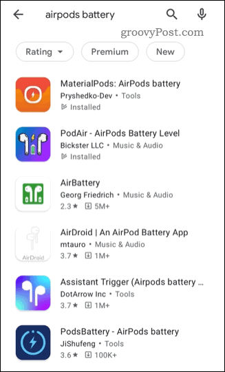 Google Play Store में तृतीय-पक्ष AirPods स्थिति ऐप्स की सूची