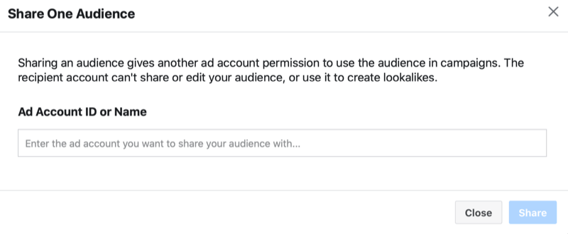फेसबुक विज्ञापन प्रबंधक एक कस्टम ऑडियंस साझा करते हैं> विज्ञापन खाता आईडी या नाम जोड़ने के विकल्प के साथ एक ऑडियंस मेनू साझा करते हैं
