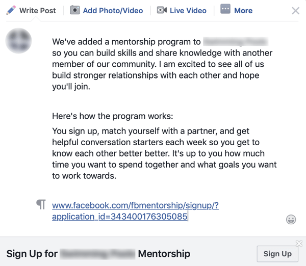 अपने फेसबुक समूह समुदाय में सुधार कैसे करें, फेसबुक मेंटरशिप कार्यक्रम के लिए एक समूह की घोषणा का उदाहरण