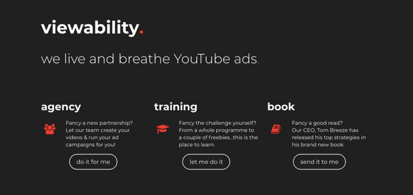 एक YouTube विज्ञापन एजेंसी, दृश्यता के लिए वेबसाइट का स्क्रीनशॉट।