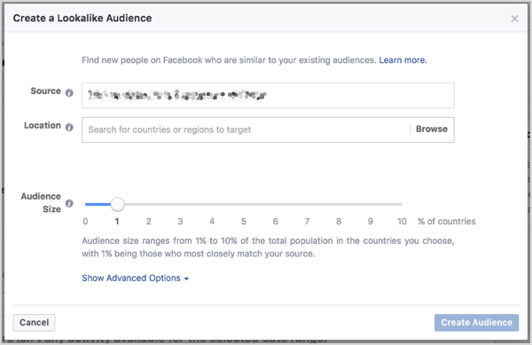 फेसबुक लुकलाइक ऑडियंस साइज सेट करें। आप एक स्लाइडर के साथ आकार को नियंत्रित कर सकते हैं जो दर्शकों को बनाते समय दिखाई देता है।
