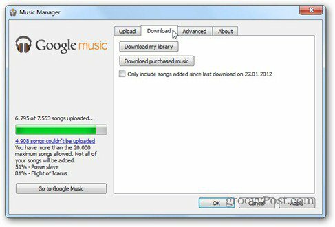 Google संगीत डाउनलोड टैब
