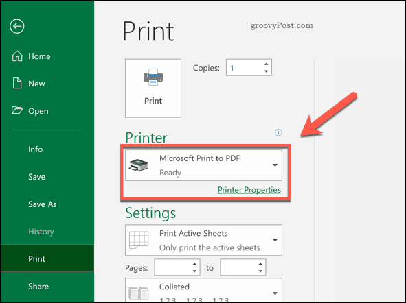 एक्सेल में पीडीएफ प्रिंटर विकल्प पर प्रिंट करें