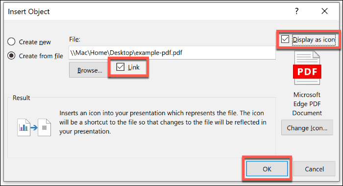 PowerPoint में एक पीडीएफ फाइल को एक ऑब्जेक्ट के रूप में सम्मिलित करना