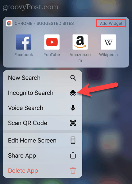 IOS पर Chrome एप्लिकेशन आइकन से नया गुप्त टैब टैप करें