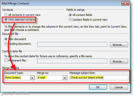 Outlook 2010 स्क्रीनशॉट -make सुनिश्चित करें कि विकल्प मेल मर्ज संपर्कों के तहत सही हैं