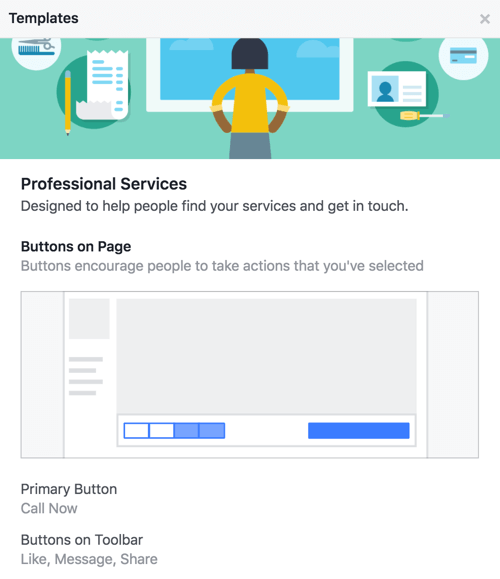 अपने फेसबुक पेज के टेम्प्लेट के साथ जानें कि कौन से बटन और कॉल टू एक्शन आते हैं।