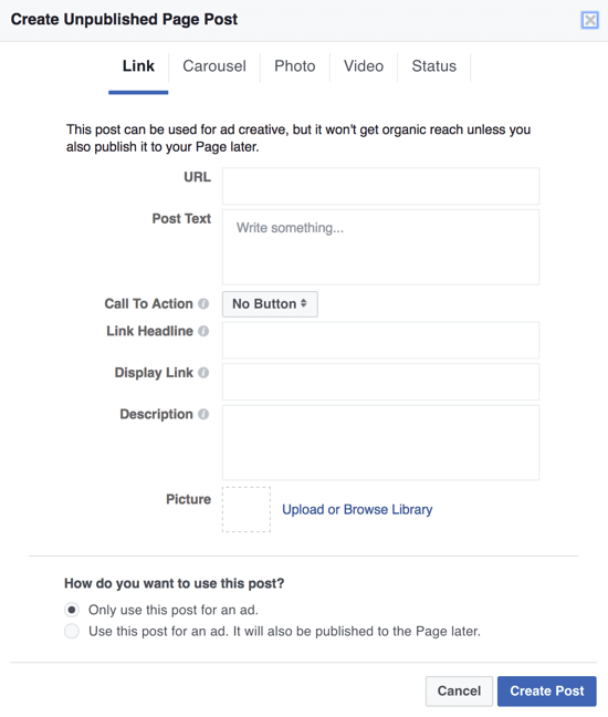 विज्ञापनों के रूप में फेसबुक डार्क पोस्ट बनाने के लिए, आप पावर एडिटर का उपयोग कर सकते हैं और विज्ञापन के लिए केवल इस पोस्ट का उपयोग कर सकते हैं।