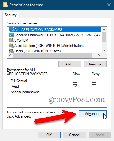 Windows रजिस्ट्री में अनुमतियाँ संवाद बॉक्स पर उन्नत पर क्लिक करें