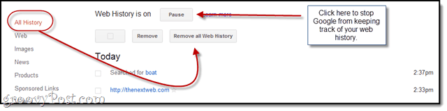 Google वेब इतिहास अक्षम करें